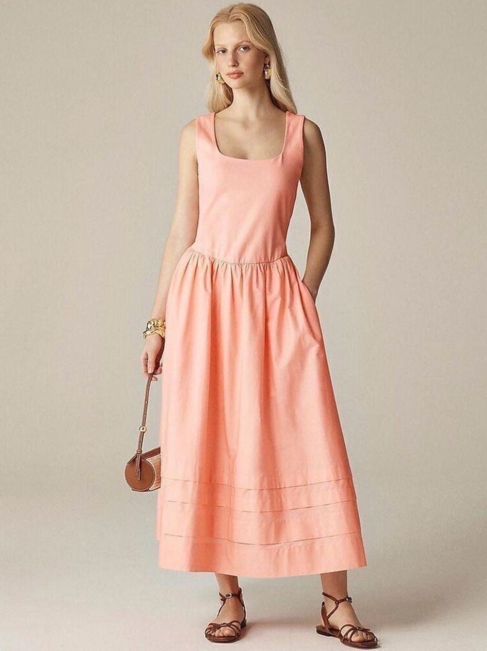 J Crew Peach Colored Dropped Waist Sleeveless Midi Dress